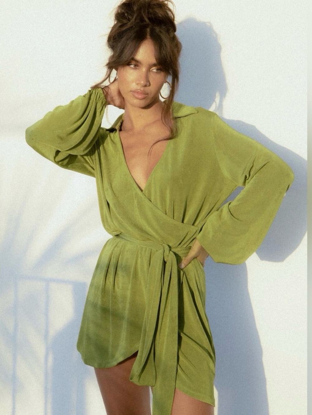 Princess Polly Party Time Mini Wrap Dress in Green